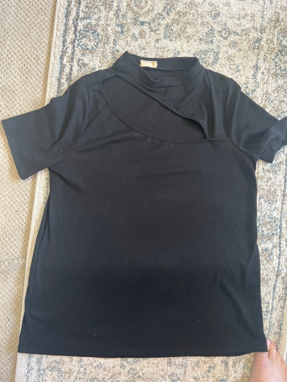 Black Short-Sleeve Ribbed Mock Neck cut out Top